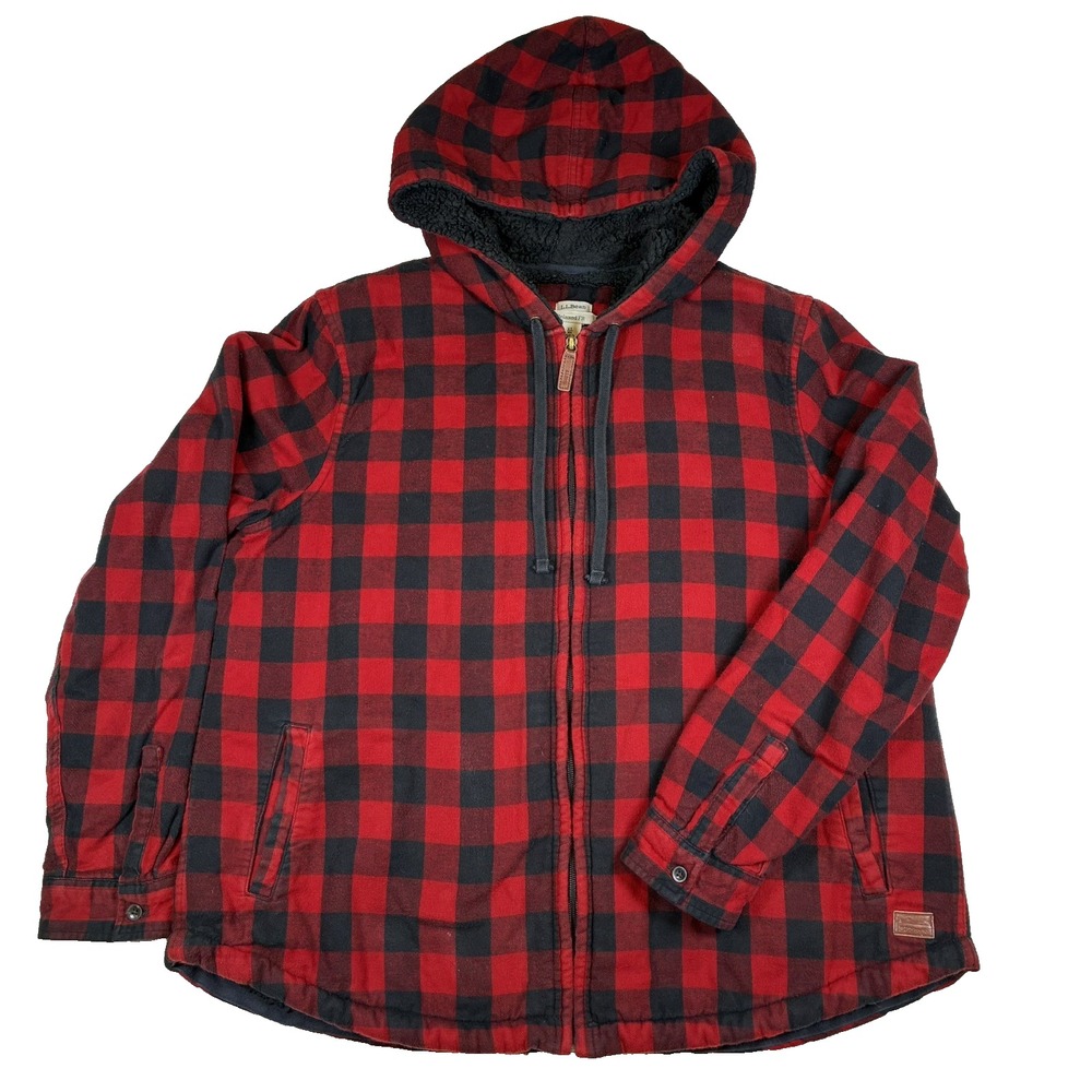 LL Bean Sherpa Lined Flannel Hoodie Jacket Womens XL Red Buffalo Plaid Relaxed